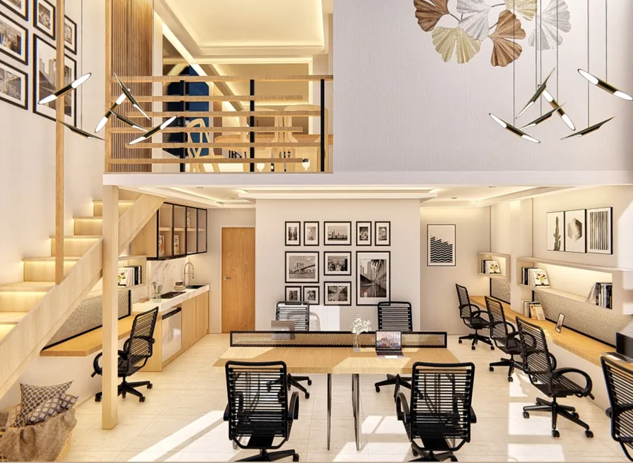 Interior double-height Apple 3 Condovilla dengan loft